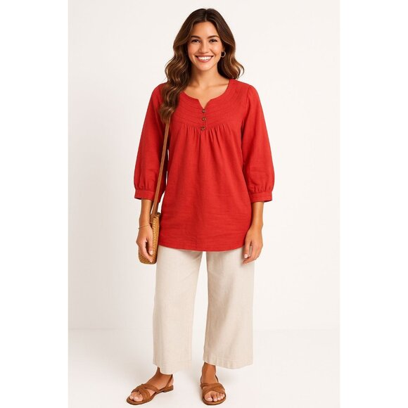Adrian Delafield Salmon Pink Cotton Tunic Top With Button Front Scoop Neck Large - Picture 1 of 10